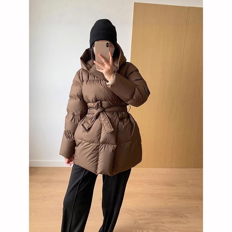 Winter Hooded Women's Down Jackets Warm Casual Coat Puffer Jacket Belt Elegant Parka Overcoat