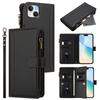 Кожаный чехол для iPhone 15 Plus с 9 отделениями для карт, кошельком на молнии, подставкой, чехлом для телефона и ремешком на запястье