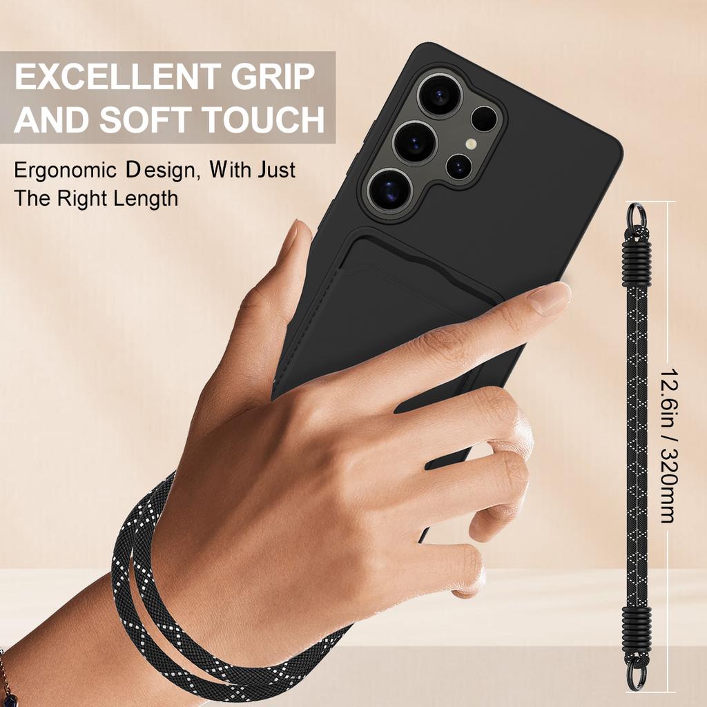 For Samsung Galaxy S24 Ultra Case Liquid Silicone Card Holder Phone Back Cover with Short Strap