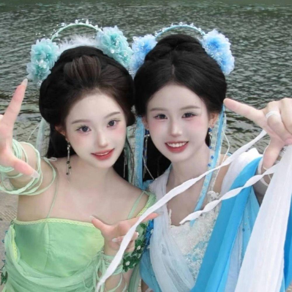 Ободок для волос с кисточками из бусин и перьев, аксессуары для волос для ханьфу, милая повязка на голову с цветами, для девочек