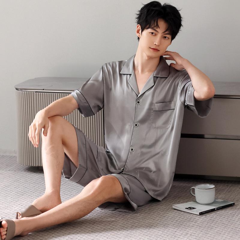 Men's ice silk pajamas short-sleeved shorts summer thin simple cardigan high-end simulation silk loungewear set