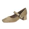 Cashmere splicing square head thick heel single shoes women's middle heel soft leather one-word buckle Mary Jane shoes spring and autumn