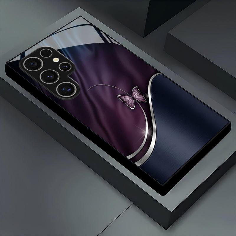 Фиолетовый чехол для телефона из закаленного стекла с эффектом волны и бабочкой, подходит для Samsung Galaxy S26 S25 S24 S23 S22 S21 S20FE/Ultra/Plus, противоударный