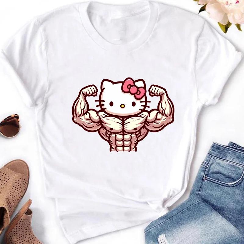 Мышечные Sanrioes Женская футболка Аниме HelloKitties Cinnamon Kuromis Веселая модель Мультяшная одежда Повседневная хлопковая футболка для пар