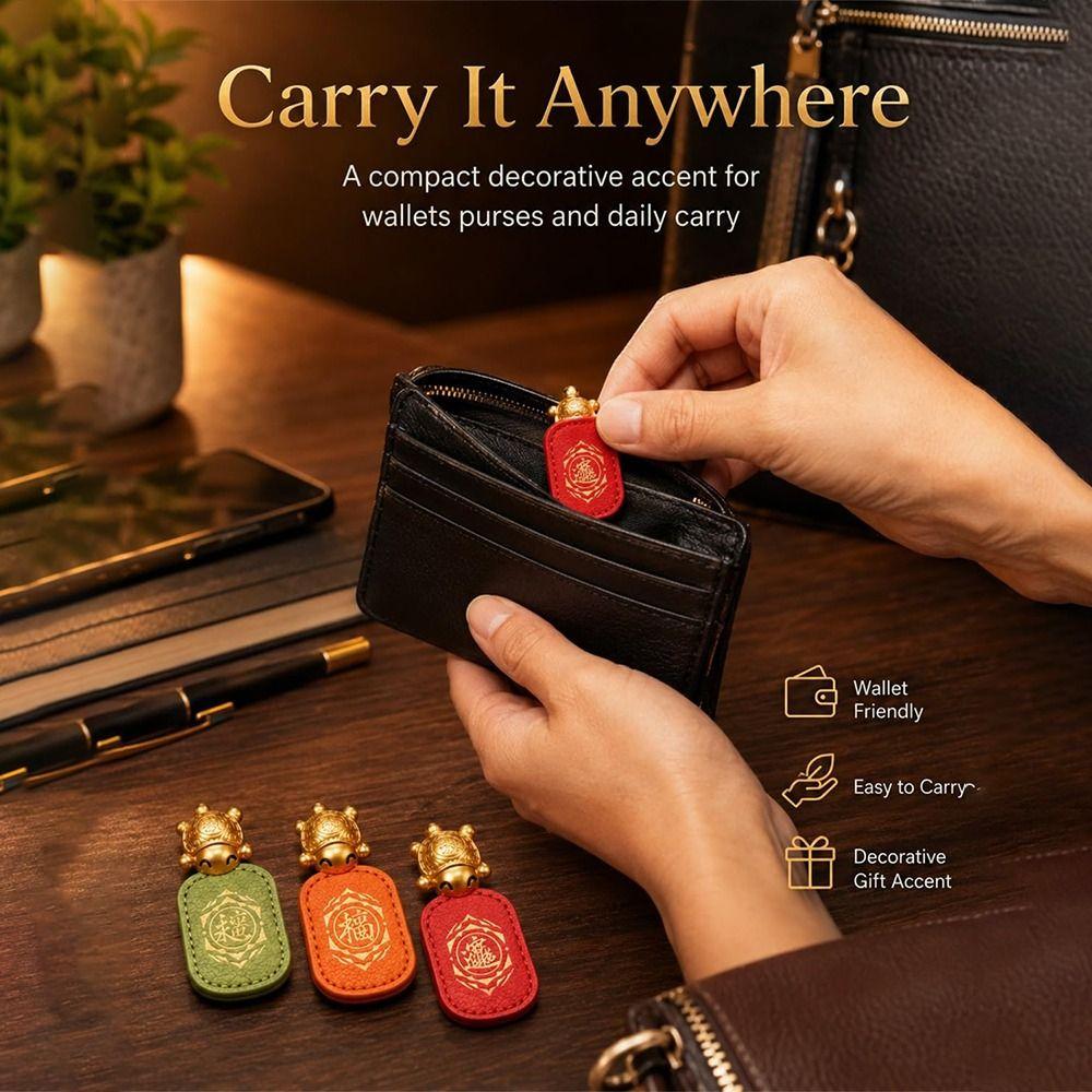 Leather Sleeve Golden Turtle Charm Coin Biting Brass Turtle Figurine Wallet Charm Desk Display