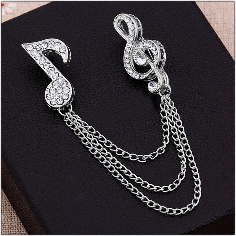 Elegant Rhinestone Music Note Brooch with Tassel Chain - Crystal Lapel Pin Accessory