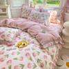 Комплект постельного белья с розовым цветочным принтом, 100% хлопок, корейский стиль, оборка, пододеяльник с 2 наволочками, приятный для кожи комплект постельного белья размера «queen-size»