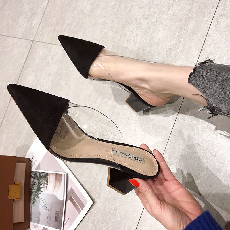 Women's Slippers and Ladies Sandals Transparent Slides Mules Shoes Pointed Toe Summer 2024 Clear Heeled Job Black Pvc Trend Shoe