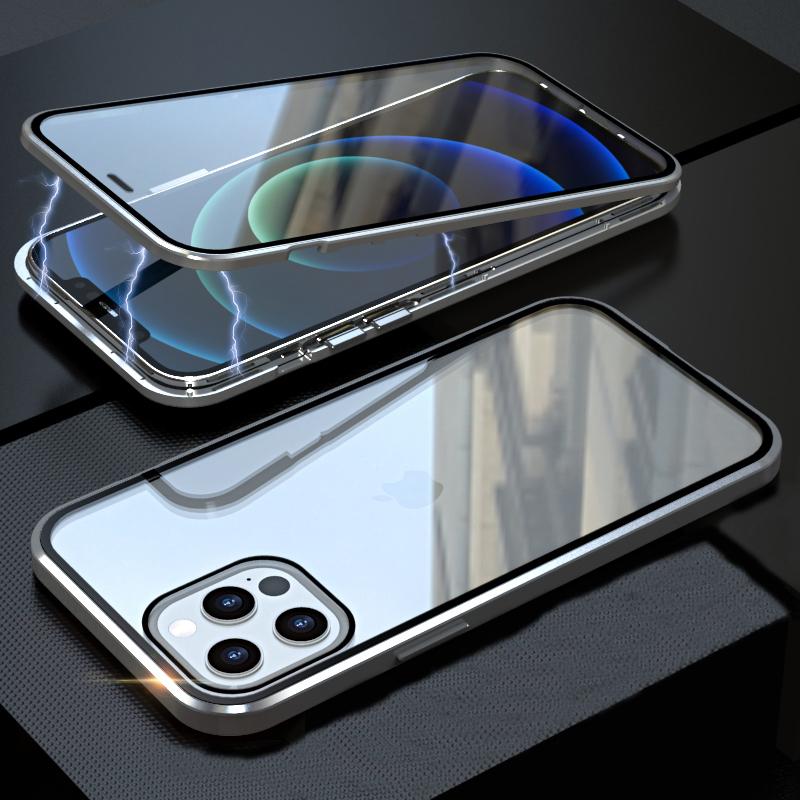 IPhone 15 14 13 12 11 Pro max X XR Xs max 7 8 plus mini uchun shaffof shisha metall magnit g'ilof