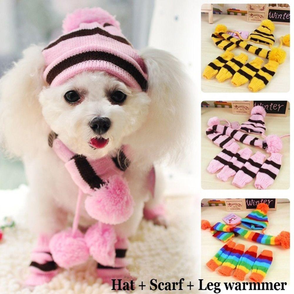 6Pcs/Set Fashion Dressing Up Stripe Knitted Puppy Costume Dog Socks Cat Clothes Pet Warm Hat Scarf
