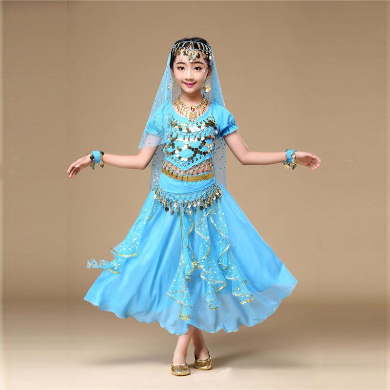 Girl Kids Tulle Indian Belly Dance Clothing Children Performance Costume Tops+Skirt 2pcs Dance Set