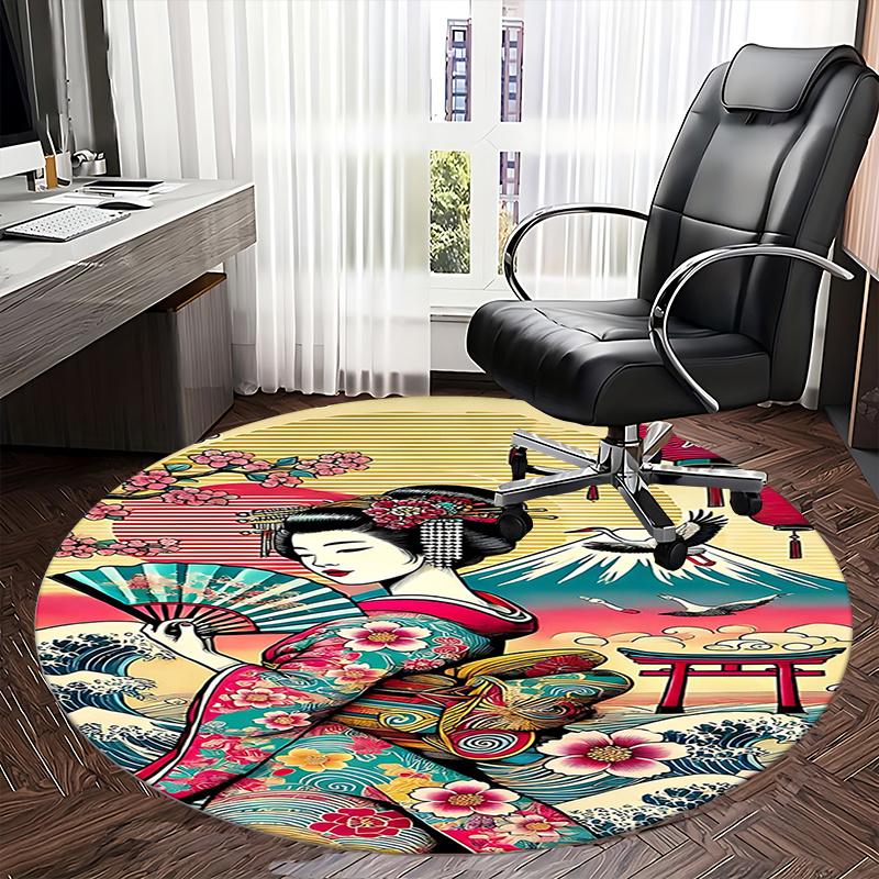 Japanese Geisha Artwork Chair mat Round Rug-Office carpet, Machine Washable, Non-slip, Suitable for Living Rooms, Bedrooms