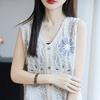 Летний новый трикотажный жилет без рукавов с V-образным вырезом, кардиган с вышитым свободным многослойным жилетом