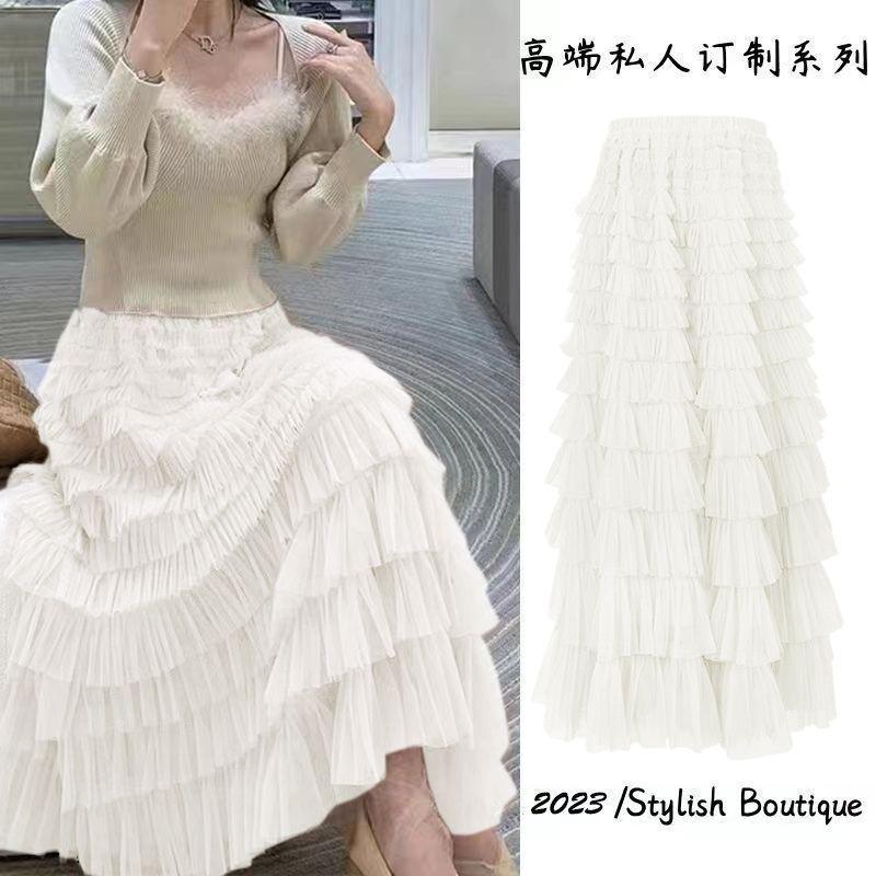 Sweet Chiffon Dress for Women In Spring and Summer Ruffle Edge Thousand Layer Cake Skirt Slimming Half Body Skirt
