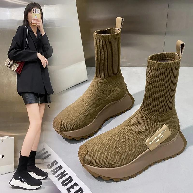 Ботильоны на платформе с носками, женские осенне-зимние повседневные высокие эластичные удобные ботинки из трикотажной ткани, женские ботинки на толстой подошве