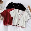 Women Flounce Hem Buttoned Up Tops V-Neck Short Sleeve T-shirt