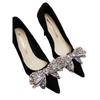 French High Heels Women's 2024 Spring New Rhinestone Bow Crystal Black Temperament Socialite Stiletto Single Shoes Women