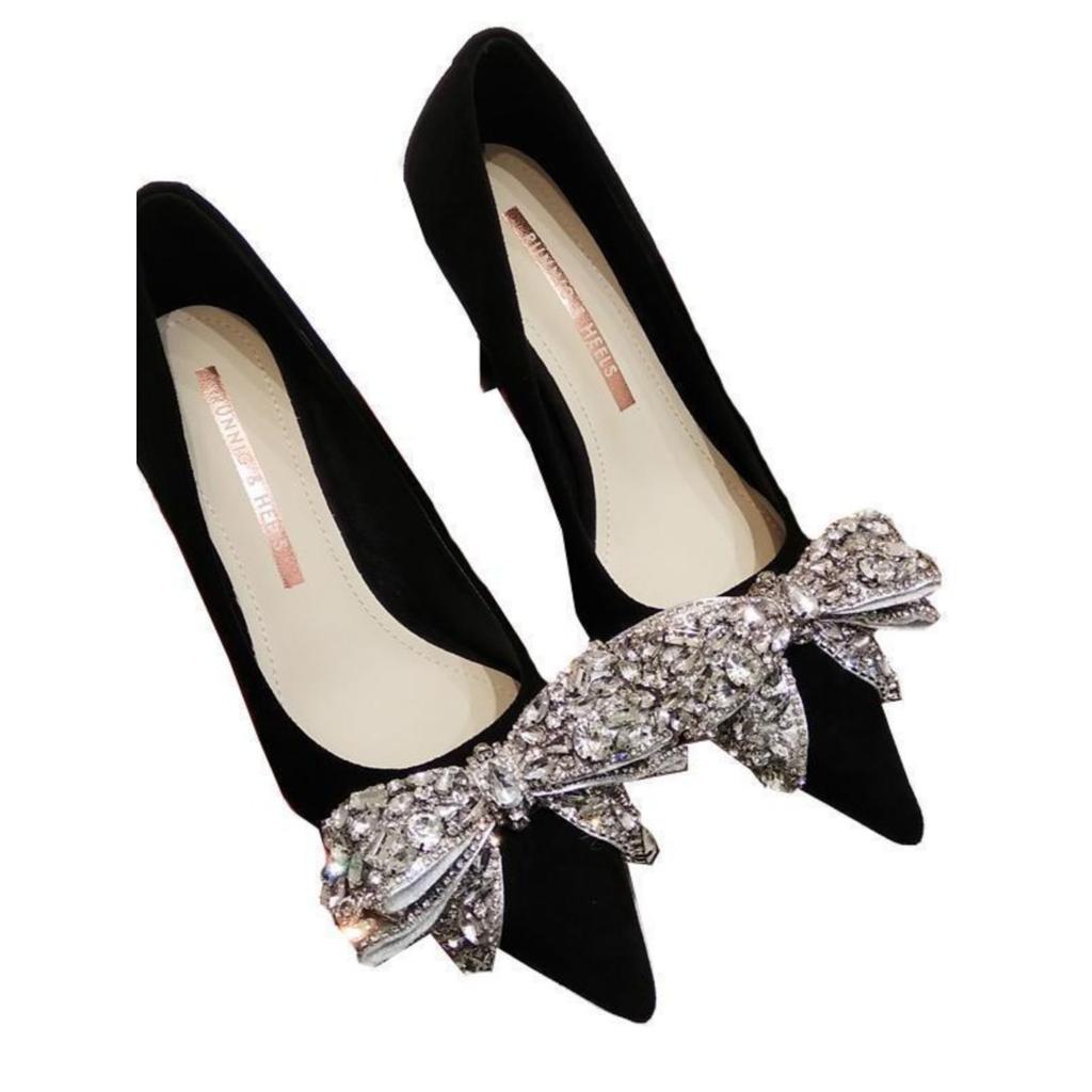 French High Heels Women's 2024 Spring New Rhinestone Bow Crystal Black Temperament Socialite Stiletto Single Shoes Women