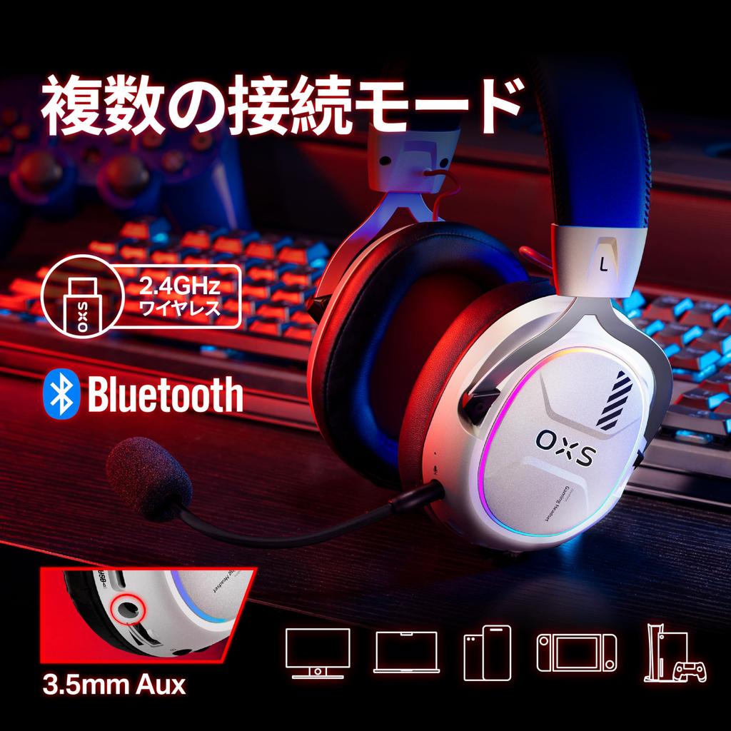 OXS Storm G2 Wireless Gaming Virtual Surround 3 EQ Low 50mm 40H RGB Bluetooth Compatible with and White Headset, 7.1 Sound, Modes, 2.4G Latency,