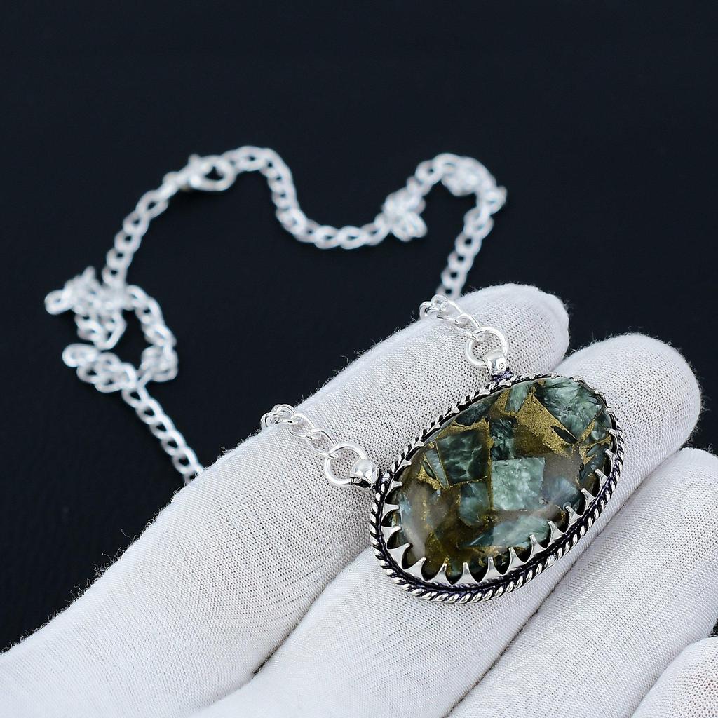 Copper Seraphinite Gemstone Jewelry Necklace, Copper Seraphinite 925 Sterling Silver Necklace For Wedding Gift, Necklace For Women For Gifts
