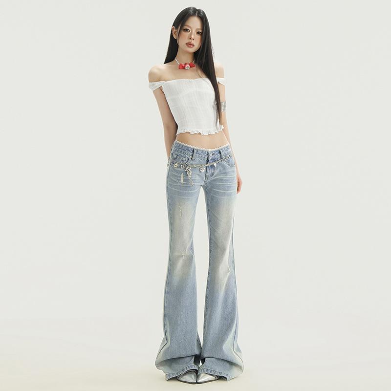 Lace splicing micro-pull new light blue washed low-rise thin denim flared pants