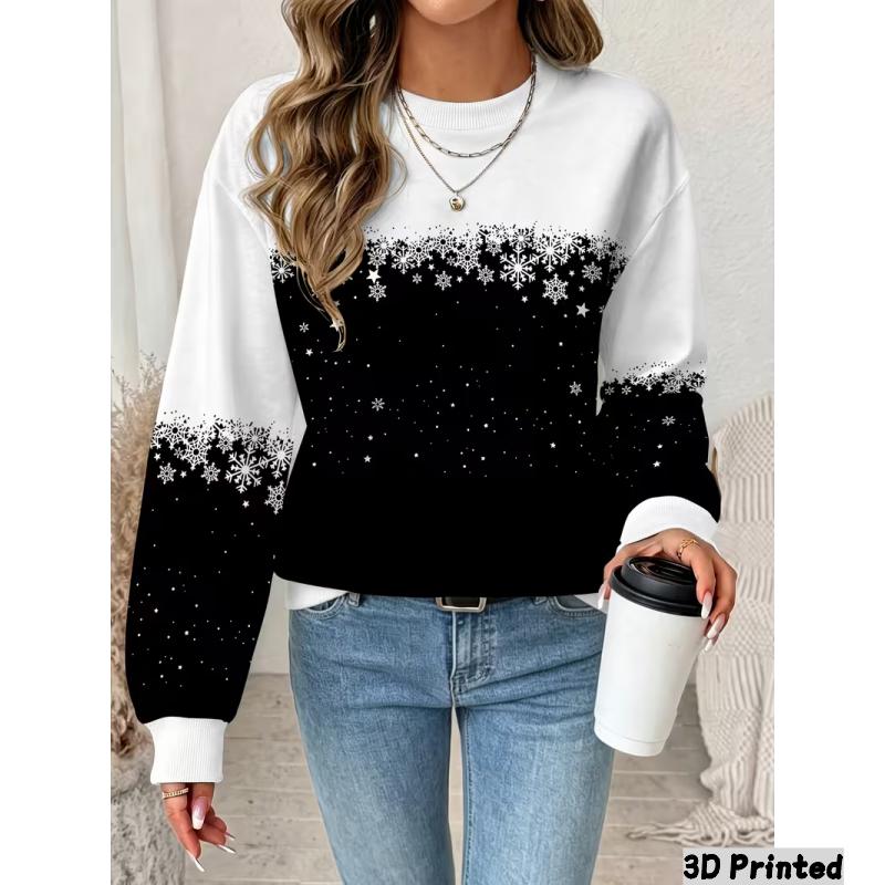 Ladies Long Sleeve round Neck Christmas Elements 3D Red Snowflake Printed Casual Sweatshirt Comfortable Hoodie
