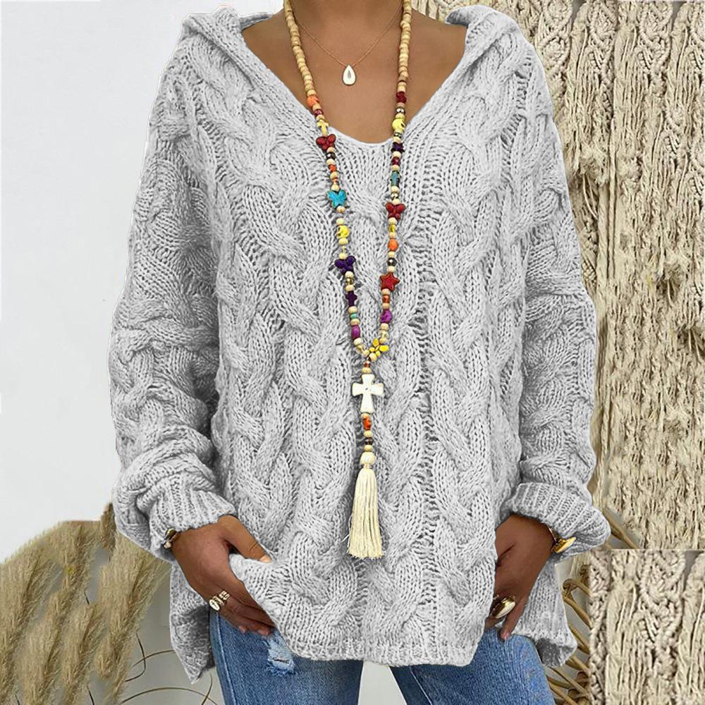 Women's Autumn and Winter Knitted Thickened Twist V-Neck Hooded Loose Sweater