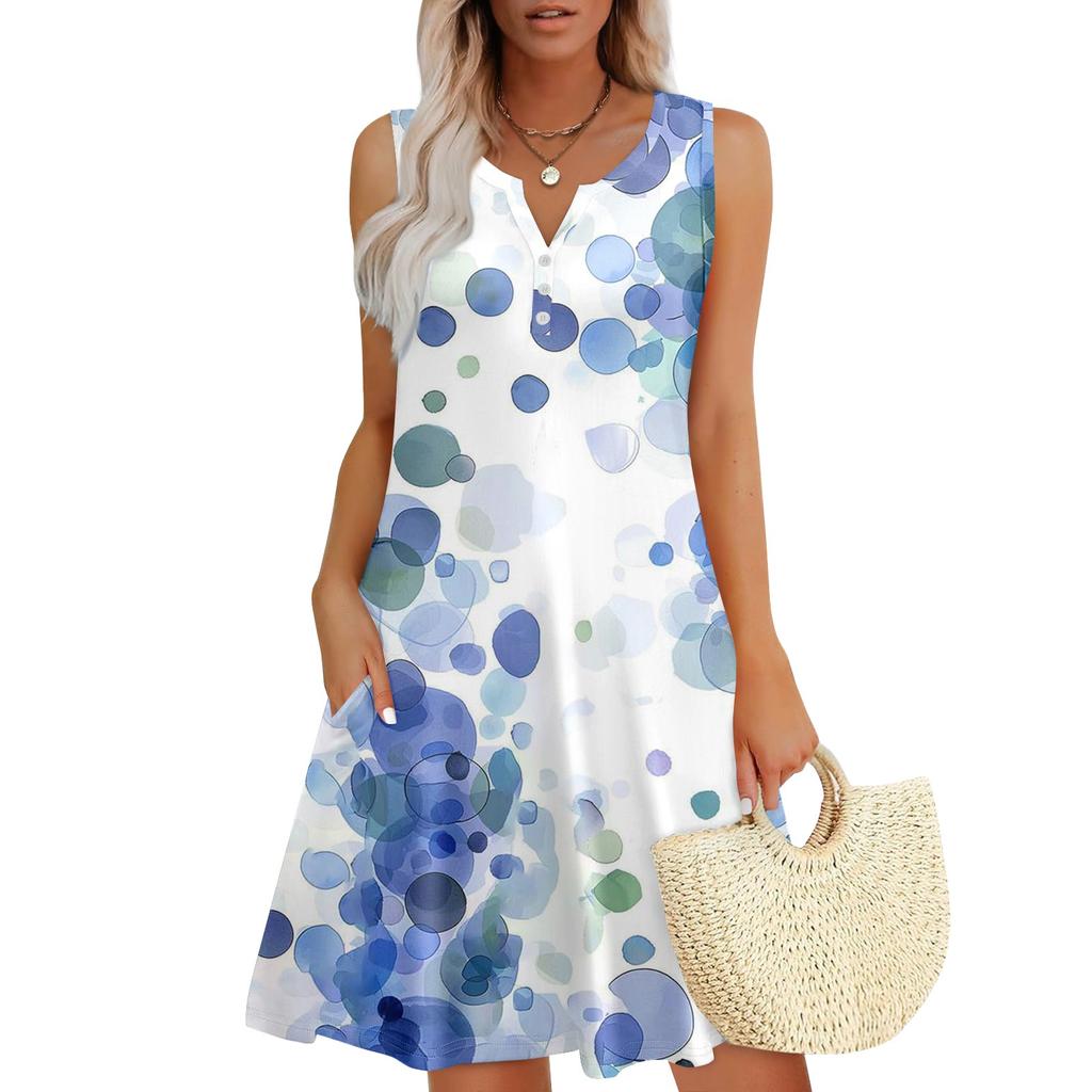 Женские летние платья Свободные сарафаны без рукавов с V-образным вырезом Платье с карманами