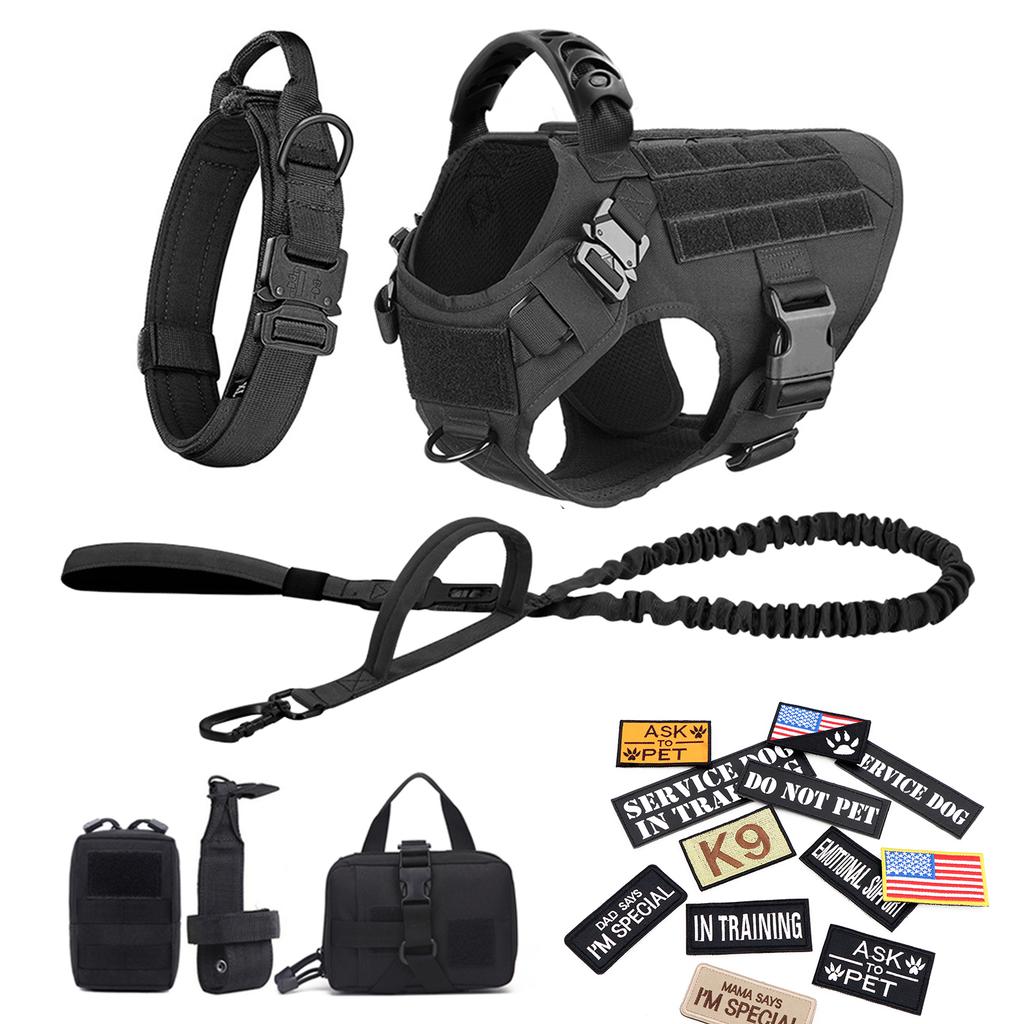 Military Large Dog Harness Collar Leash Bags Patches Set Pet Malinois Training Vests Tactical Dogs Harnesses Accessories