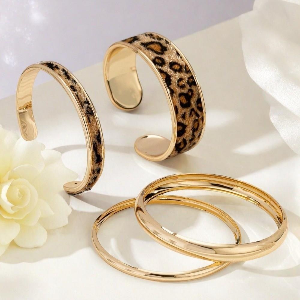 4Pcs Elegant Leopard Print Bangle Set Bohemian Style Open Bangle Stacking Bracelets Jewelry Gift