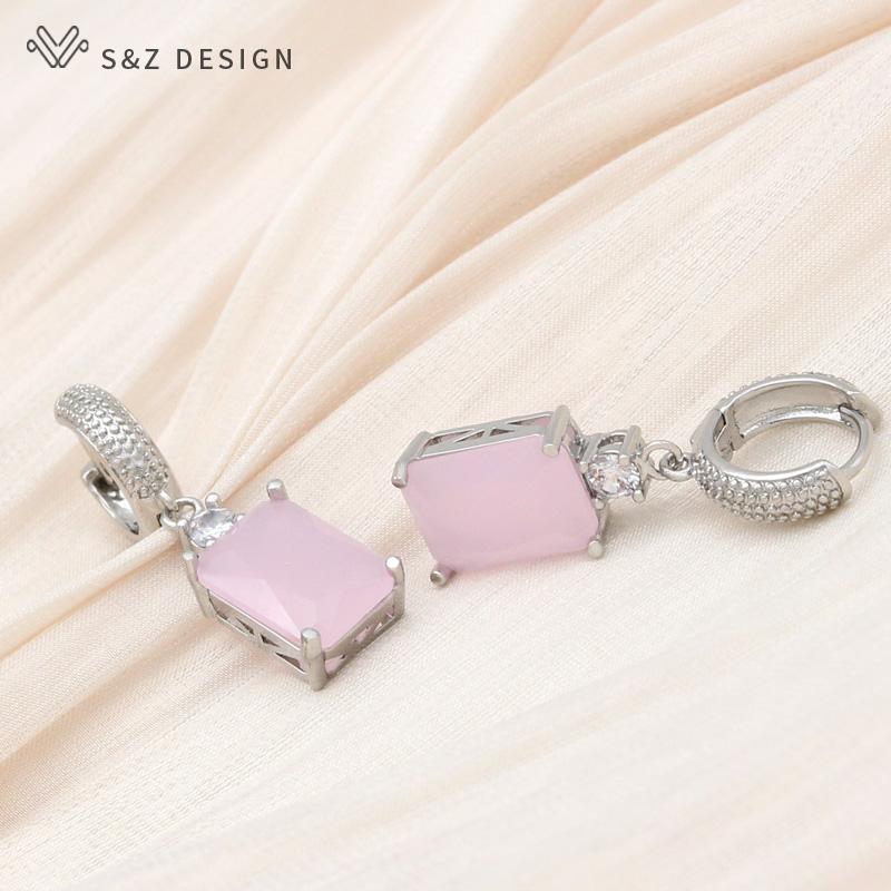 Fashion Pink Rectangle Cubic Zirconia Drop Earrings For Women Wedding Party Jewelry Classic Elegant Rose Gold Color Eardrop