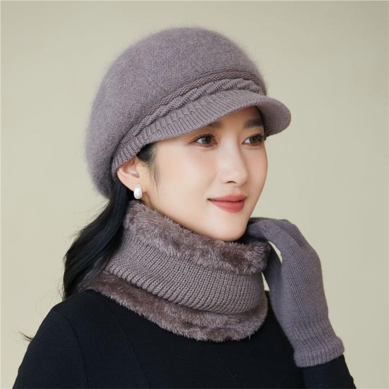 Women's Winter Velvet Thickened Cold and Warm Knitted Wool Hat Faux Rabbit Fur Hat Ear Protector Cap