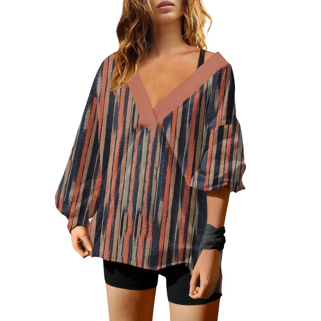 Женская мода ретро принтованный V-образный вырез длинный рукав свободный пуловер свитшот топ