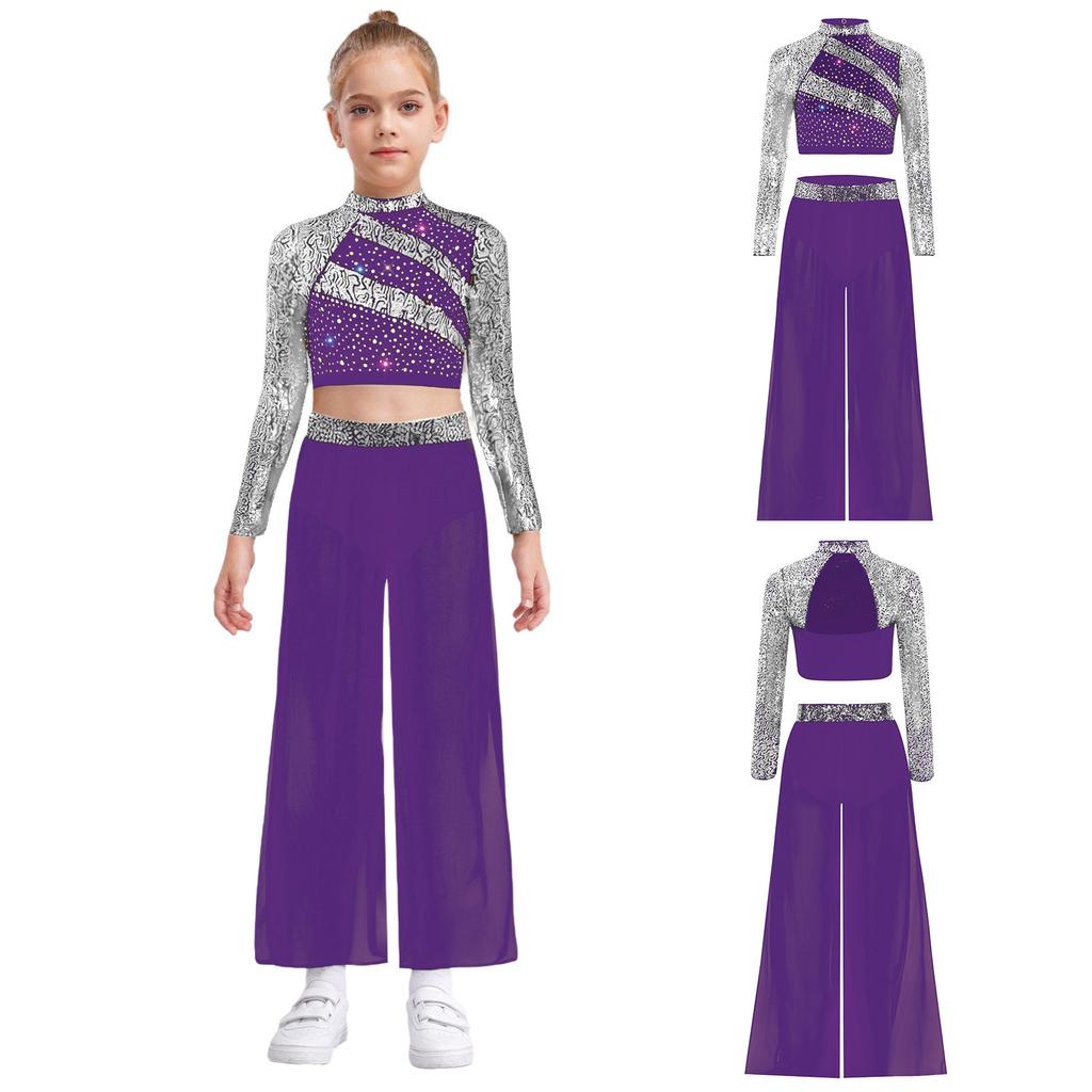 Girls Dance Two Piece Set Mock Neck Long Sleeved Sequins Cutout Back Crop Top with Chiffon Pants