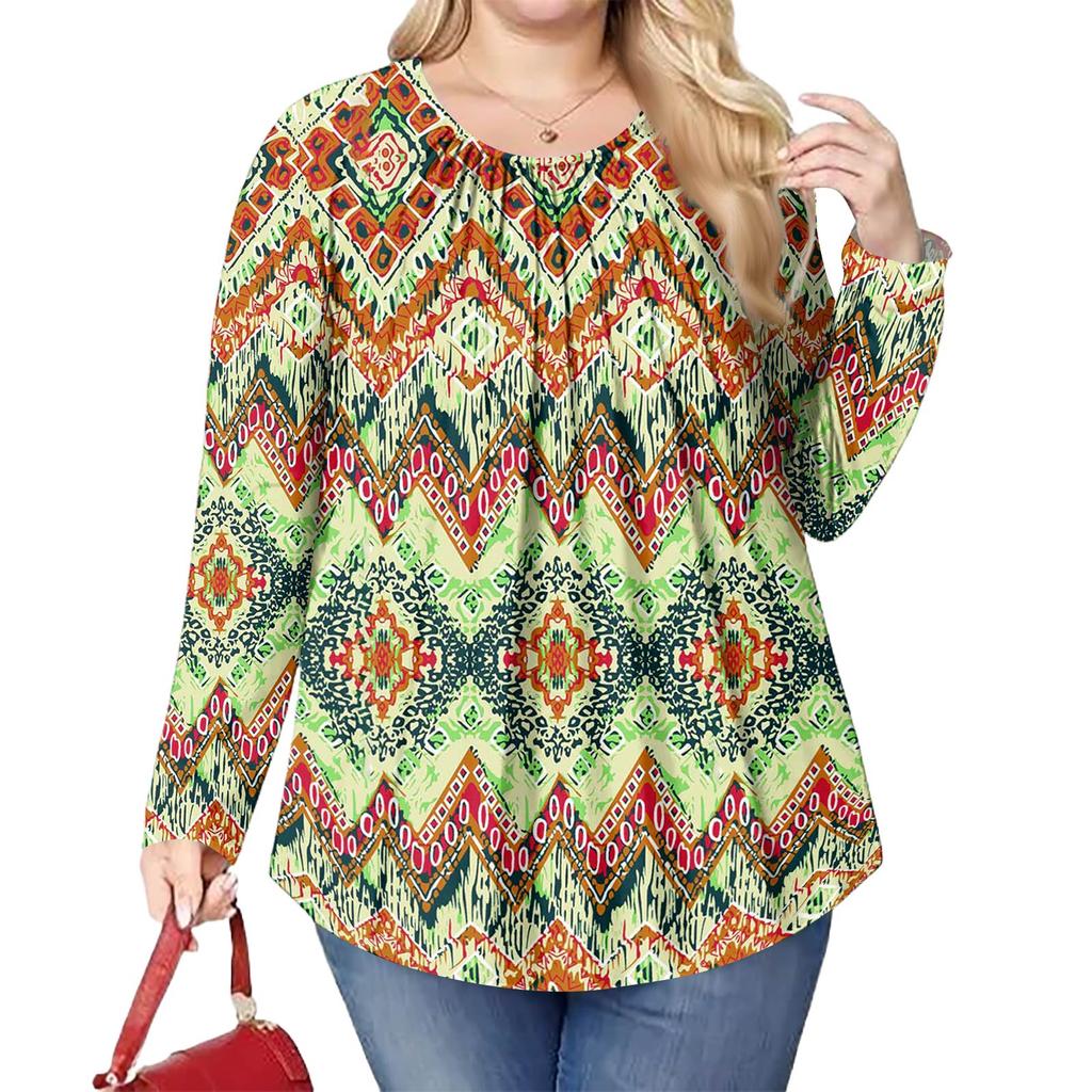 Женский модный топ большого размера с принтом, повседневный плиссированный, с круглым вырезом и длинными рукавами