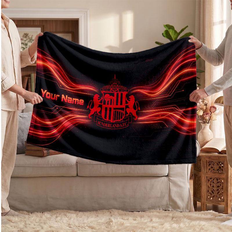Sunderland FC Personalized Fleece Blanket With Football Logo, Custom Name Text Soft Warm Home Throw Blanket