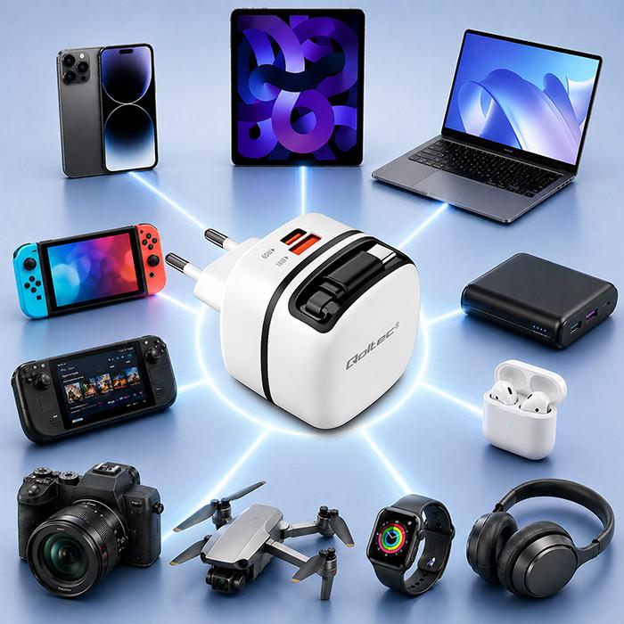 Qoltec GaN Super Fast 65W Wall Charger | USB-C PD PPS | 5-21V | 3-3.25A | Laptop | MacBook | Smartphone | 1.8m cable