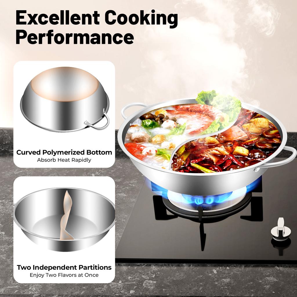 Dual Side Stainless Steel Hot Pot, 13 Inch Divided Soup Pot with Lid, Professional Mandaring Duck Pot for Induction Cooktop