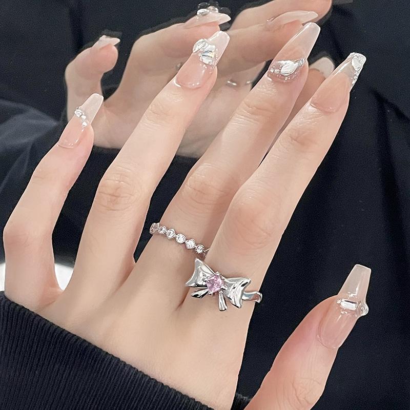 Niche Design Ring, Female Bow Opening, Diamond-Encrusted Zircon Pink, Girl'S Heart Index Finger Premium