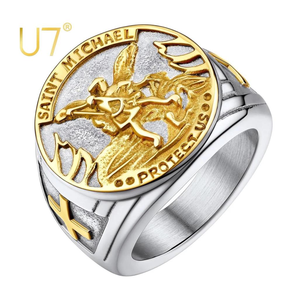 Круглые Печатки для Мужчин Женщин Католический Архангел Святой Михаил Амулет Черный и Золотой Цвет Нержавеющая Сталь Ювелирные Изделия Подарок Кольцо