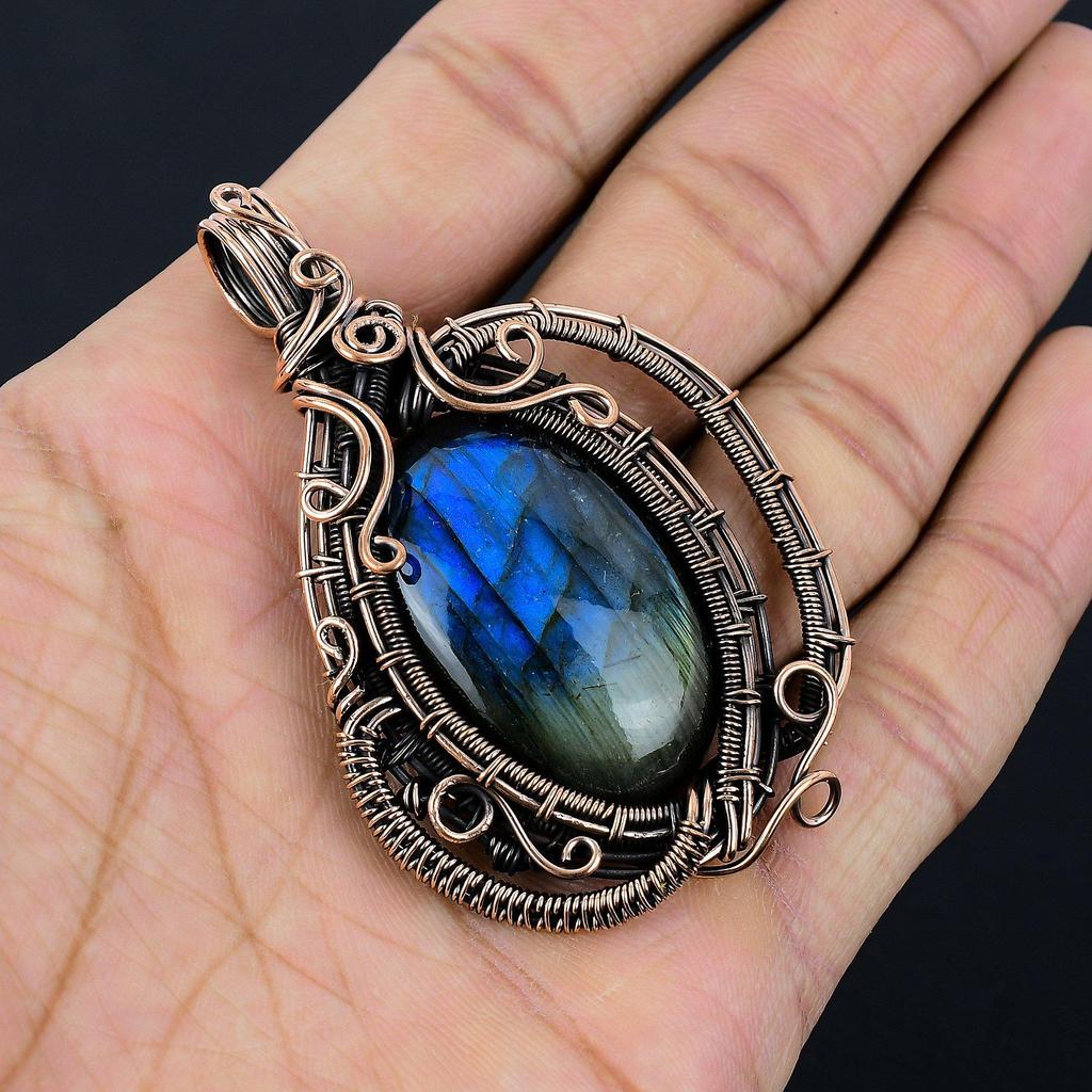 Labradorite Pendant, Handmade Gemstone 999 Copper Wire Wrapped Pendant Antique Jewelry, For Gift Silver Jewelry