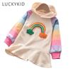 Весенне-осеннее праздничное платье принцессы для девочек, вязаные радужные разноцветные детские платья для девочек, милый пуловер с капюшоном, детская одежда