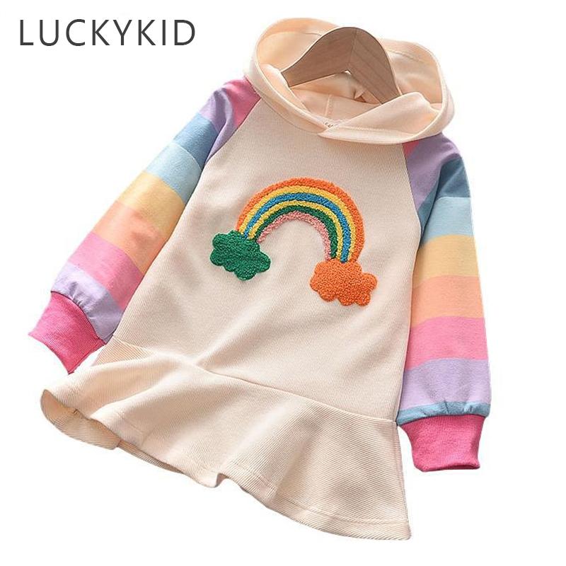 Весенне-осеннее праздничное платье принцессы для девочек, вязаные радужные разноцветные детские платья для девочек, милый пуловер с капюшоном, детская одежда