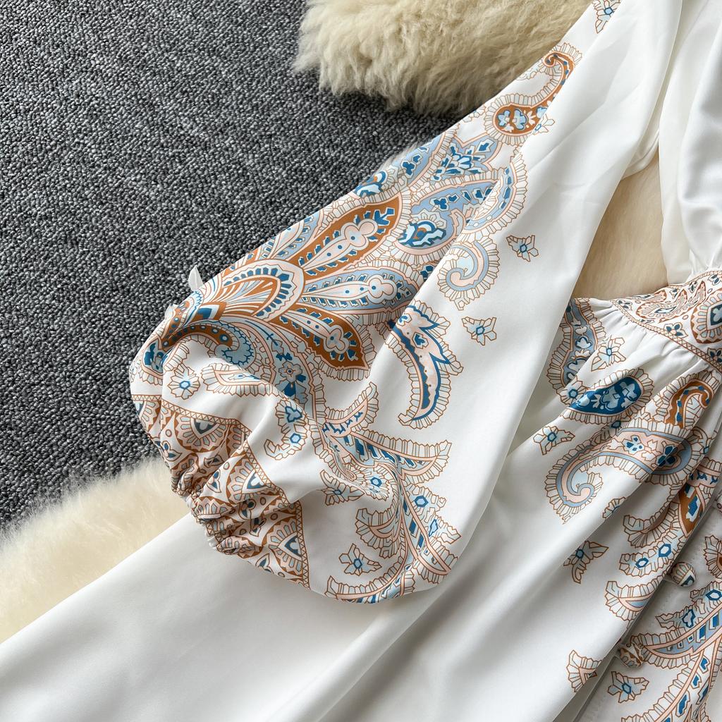 Элегантное длинное платье во французском стиле ретро, женские вечерние платья в придворном стиле с принтом пейсли, женские тонкие длинные платья трапециевидной формы с v-образным вырезом