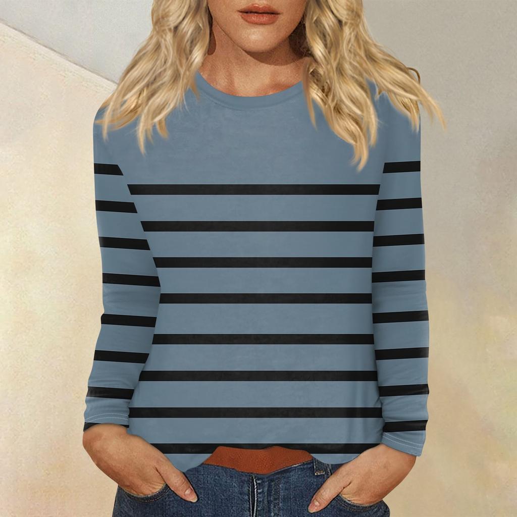 Женский повседневный топ с круглым вырезом и длинными рукавами в полоску с принтом