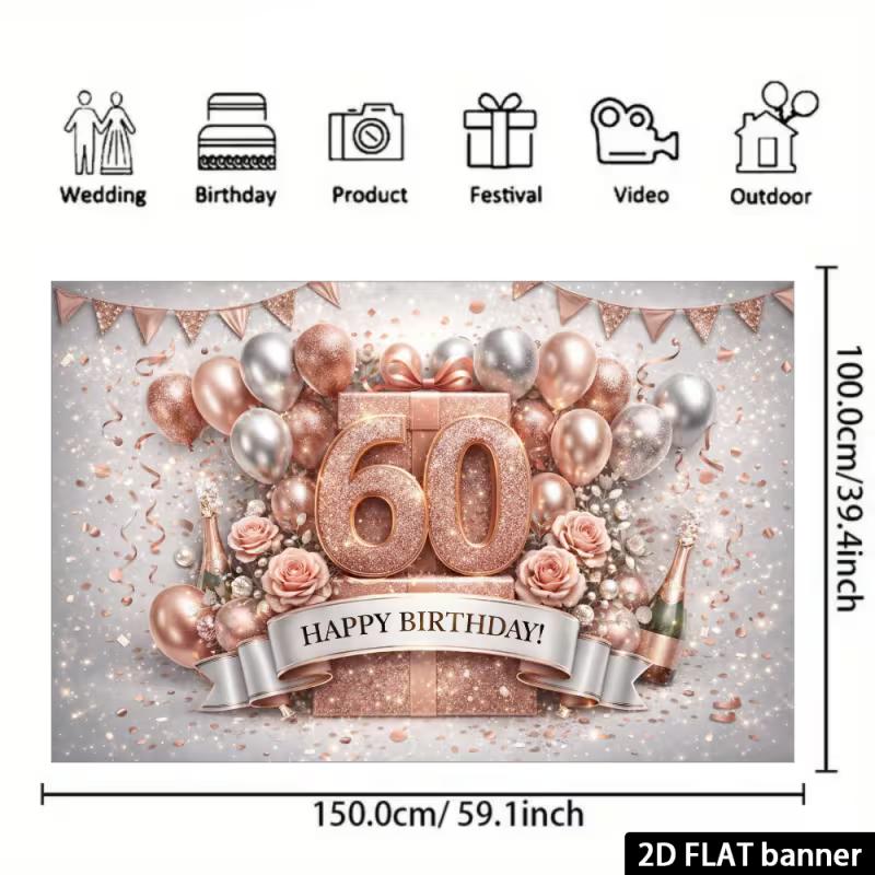 2D Rose Gold 60th Birthday Backdrop with Flowers & Gift Box Party Banner
