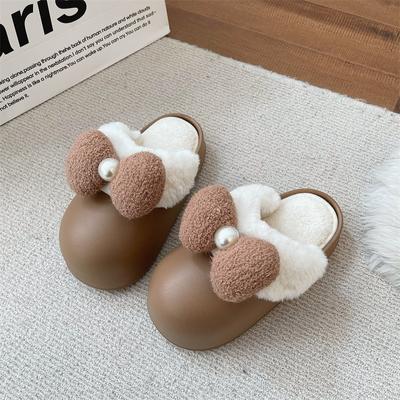Зимние теплые тапочки с бантом для женщин, для улицы, для спальни, мягкие, толстые, нескользящие, дизайнерские туфли, милые, с жемчужным украшением, повседневные, напольные тапочки