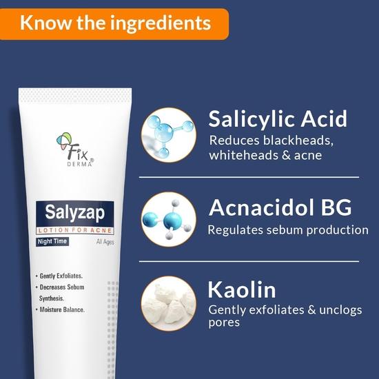 Лосьон Fixderma Salyzap Night time с салициловой кислотой помогает поддерживать баланс влаги, от шрамов от угревой сыпи, прыщей, очищает поры и для кожи, склонной к акне, 20 мл