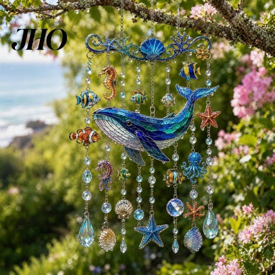 Lightweight Hanging Decoration Ocean Animal Acrylic Window Hanging, Stained Glass Style Sea Turtle Whale Dolphin Suncatcher Waterproof Wind Chime with