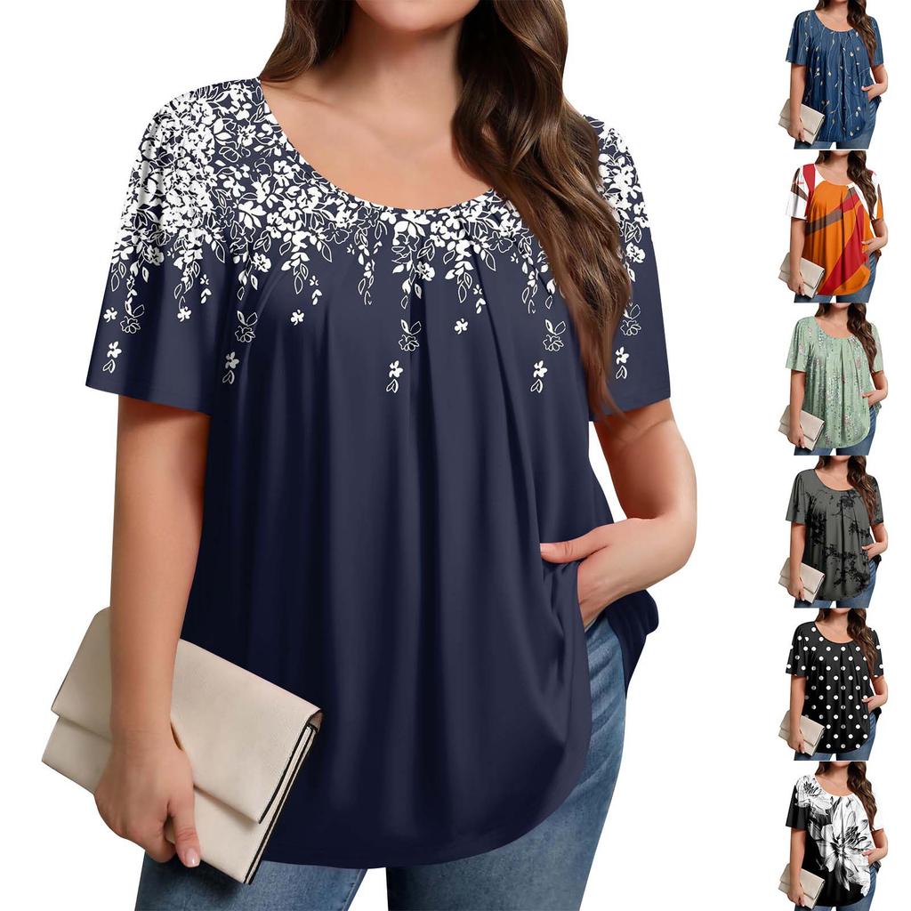 Plus Size Women's Casual Round Neck Pleated Short Sleeve Solid Color Top